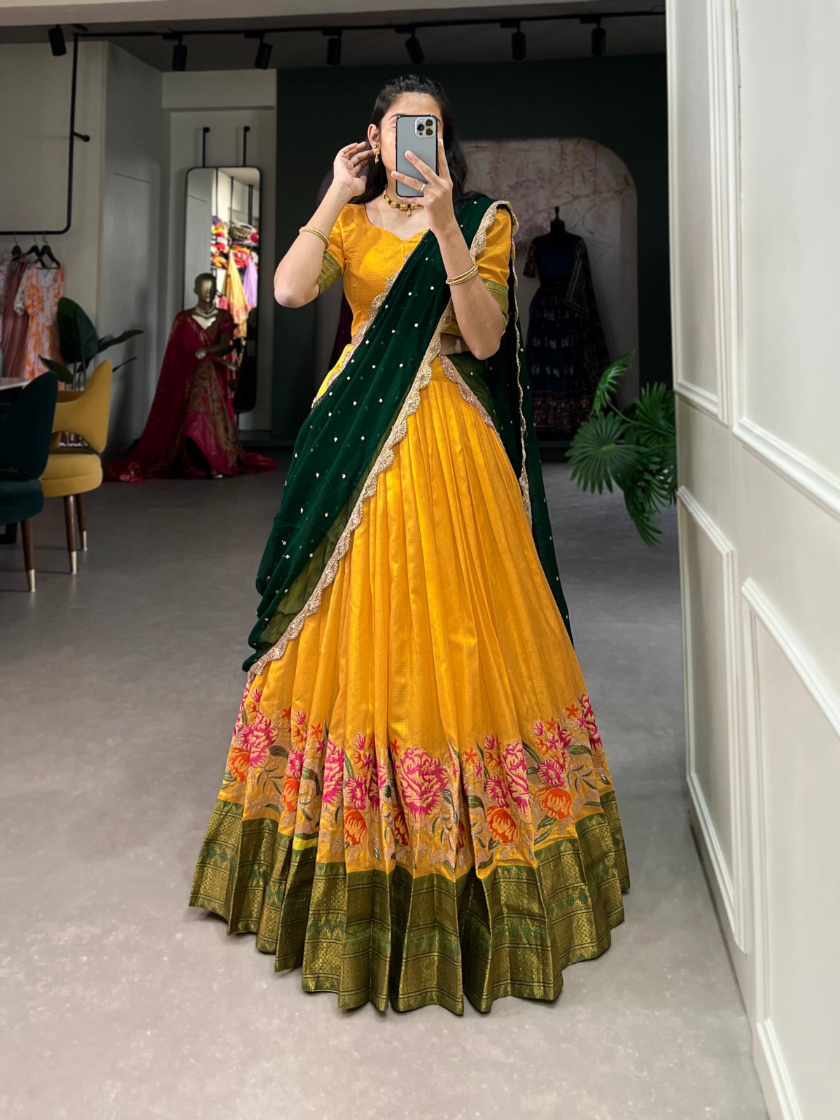 Yellow Cotton Silk Thread Embroidery Work Lehenga Choli
