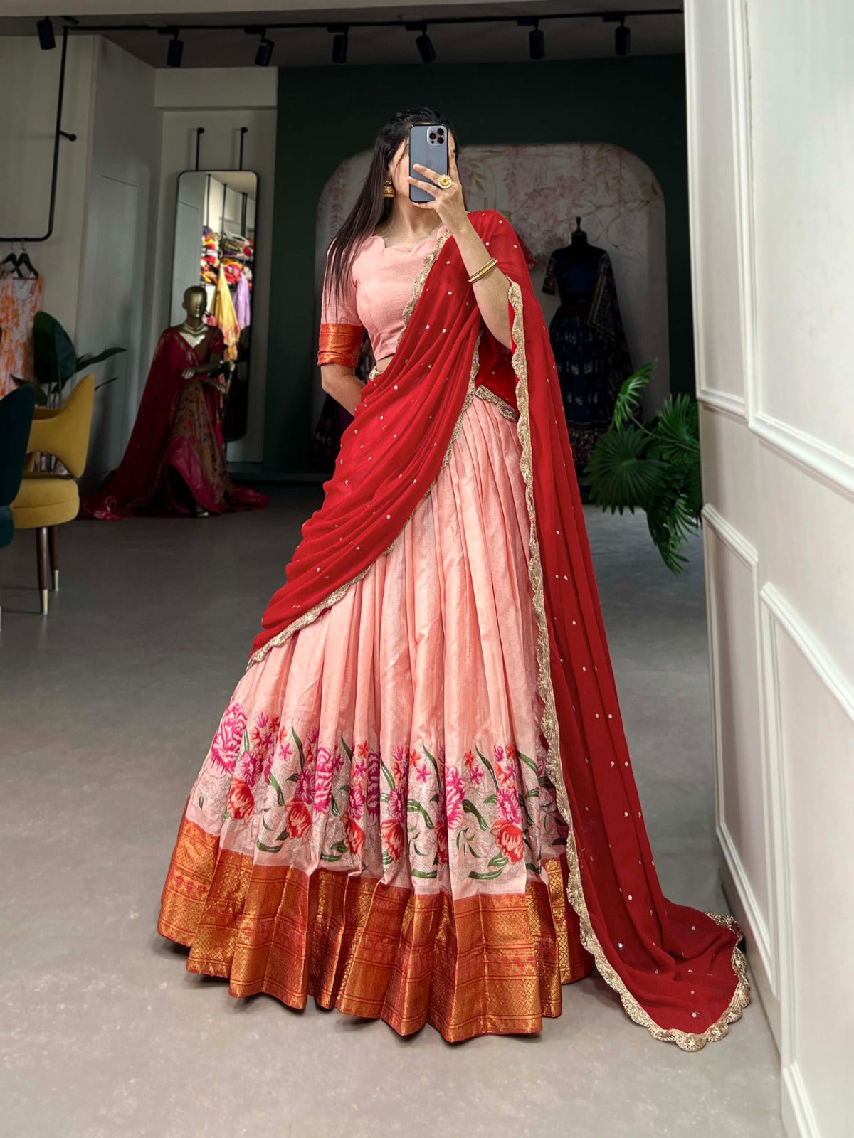 Peach Cotton Silk Thread Embroidery Work Lehenga Choli