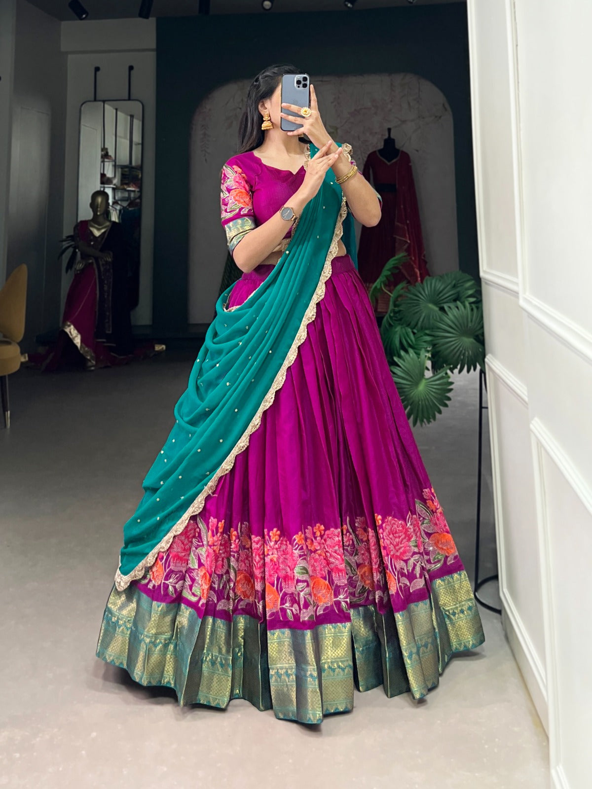 Purple Cotton Silk Thread Embroidery Work Lehenga Choli