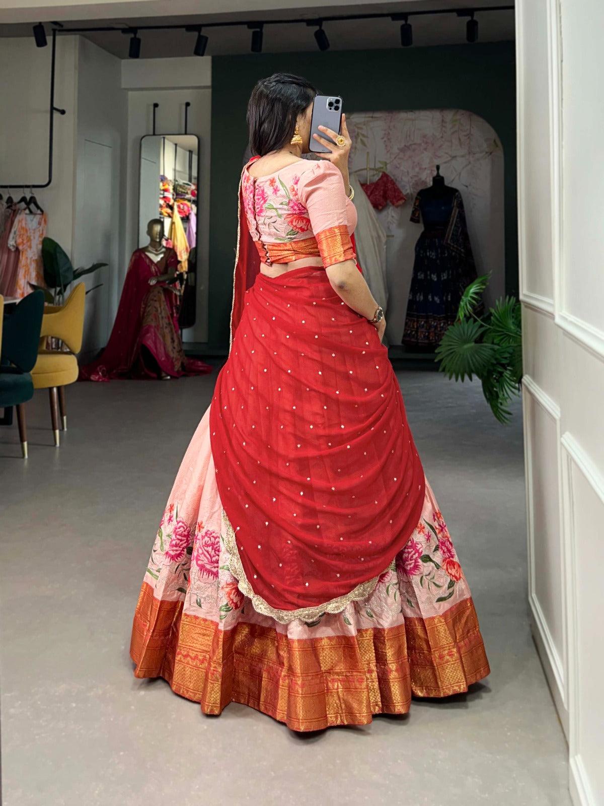Peach Cotton Silk Thread Embroidery Work Lehenga Choli
