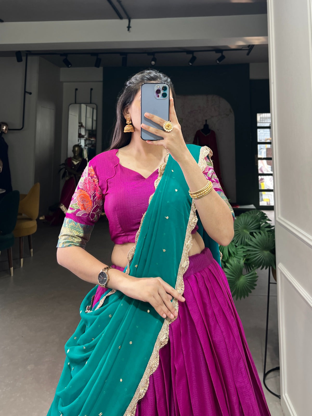 Purple Cotton Silk Thread Embroidery Work Lehenga Choli