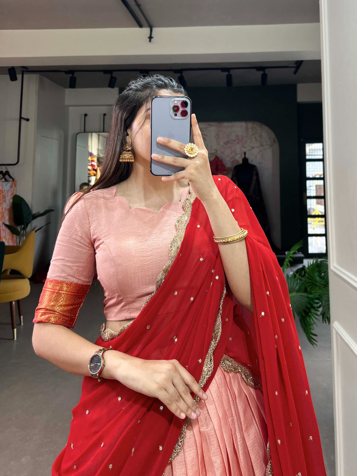 Peach Cotton Silk Thread Embroidery Work Lehenga Choli