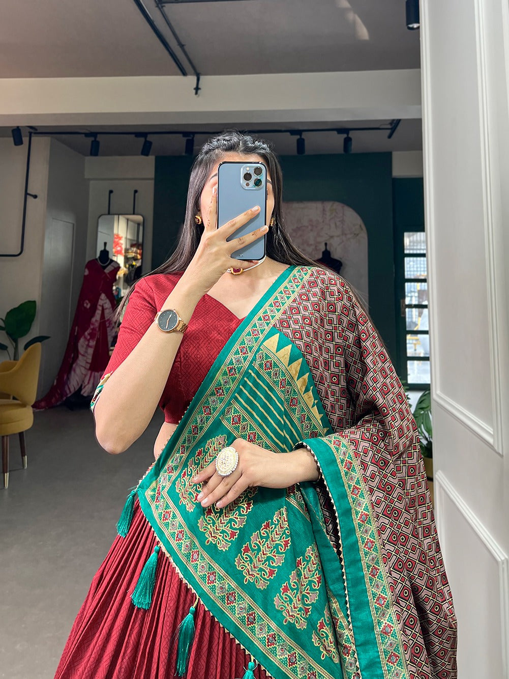 Maroon Tussar Silk Print With Foil Print Lehenga Choli