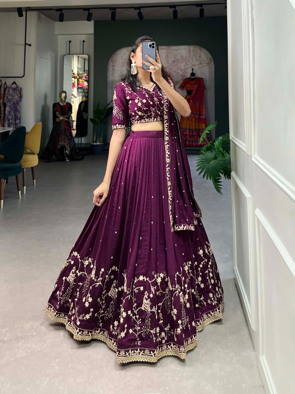 Wine Sequins and Thread Embroidery Work With Lace Border Lehenga Choli