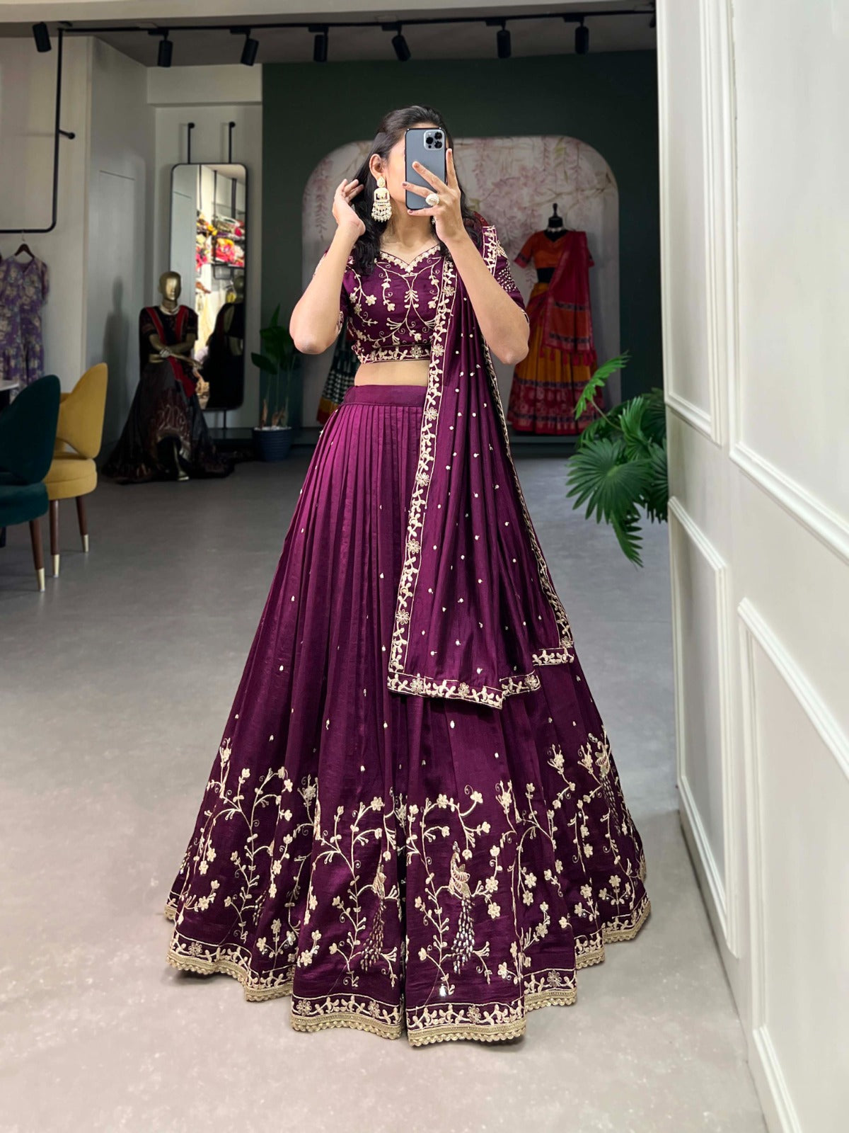 Wine Sequins and Thread Embroidery Work With Lace Border Lehenga Choli