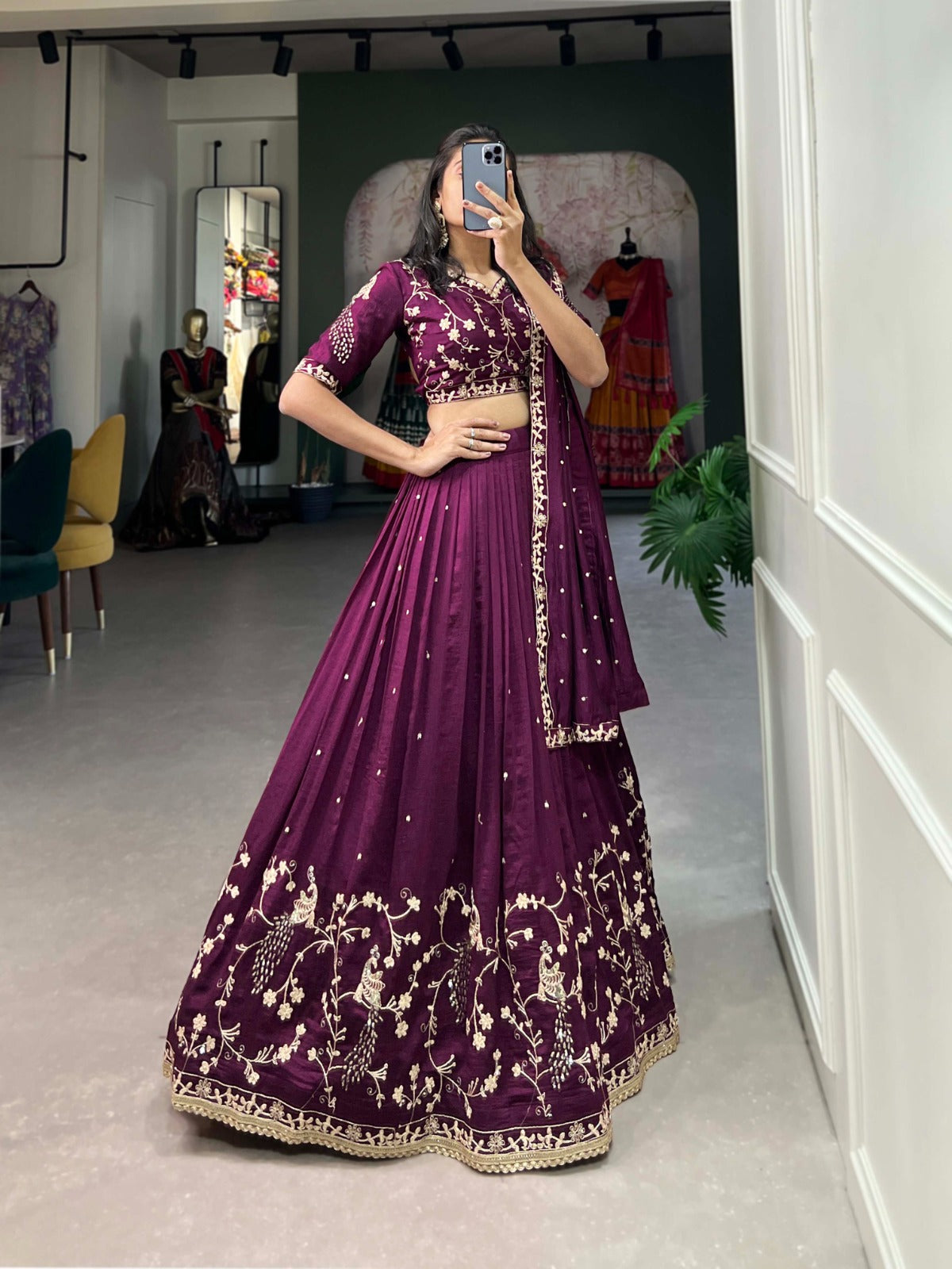 Wine Sequins and Thread Embroidery Work With Lace Border Lehenga Choli