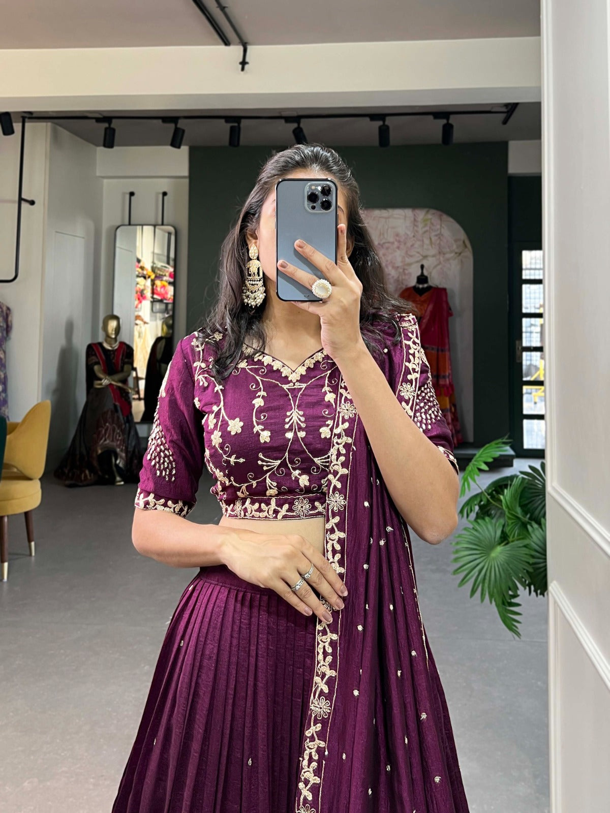 Wine Sequins and Thread Embroidery Work With Lace Border Lehenga Choli