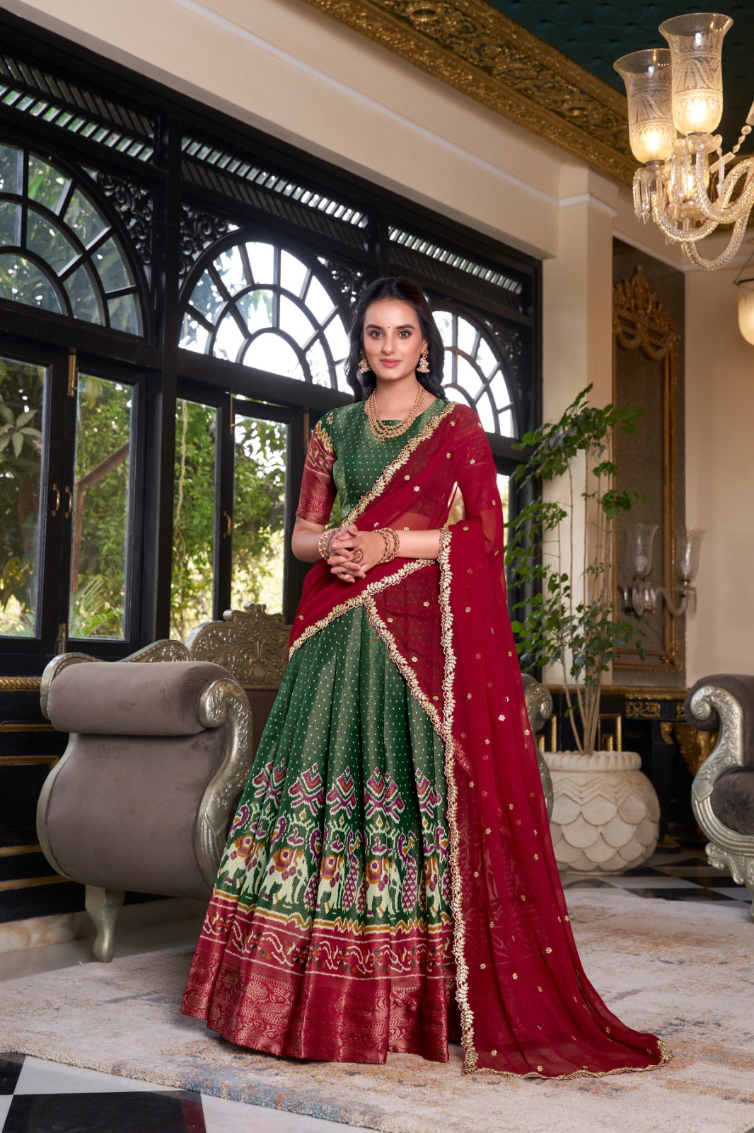 Green Kanchipuram Printed With Zari Weaving Work Lehenga Choli