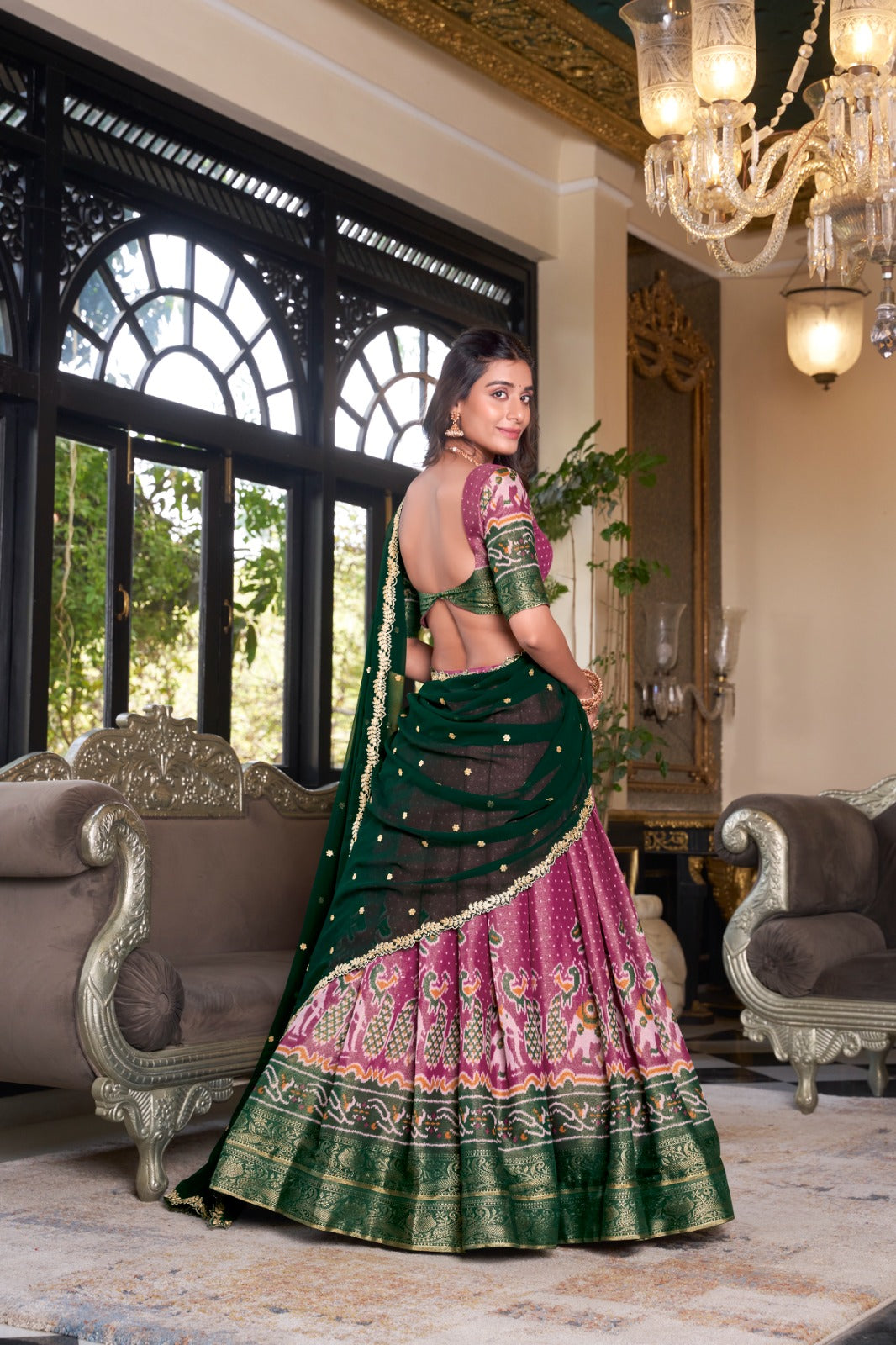 Pink Kanchipuram Printed With Zari Weaving Work Lehenga Choli