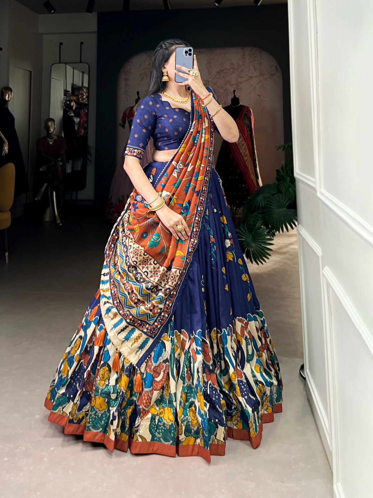 Navy Blue Tussar Silk Printed With Foil Work Lehenga Choli