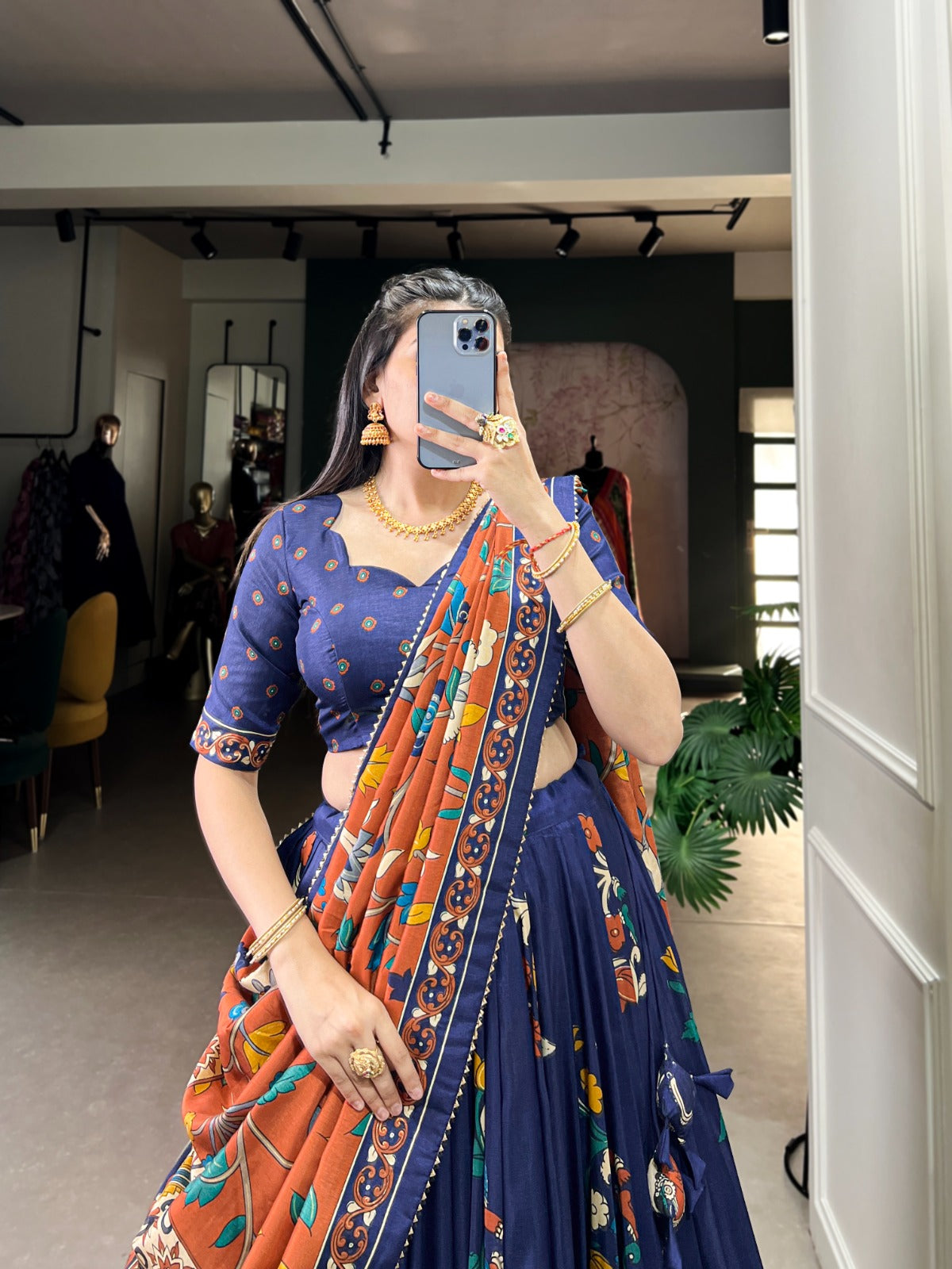 Navy Blue Tussar Silk Printed With Foil Work Lehenga Choli