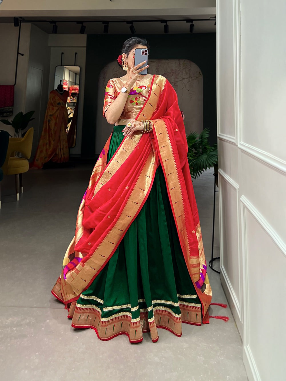 Green Plain with Paithni lace border Vichitra Silk Lehenga Choli