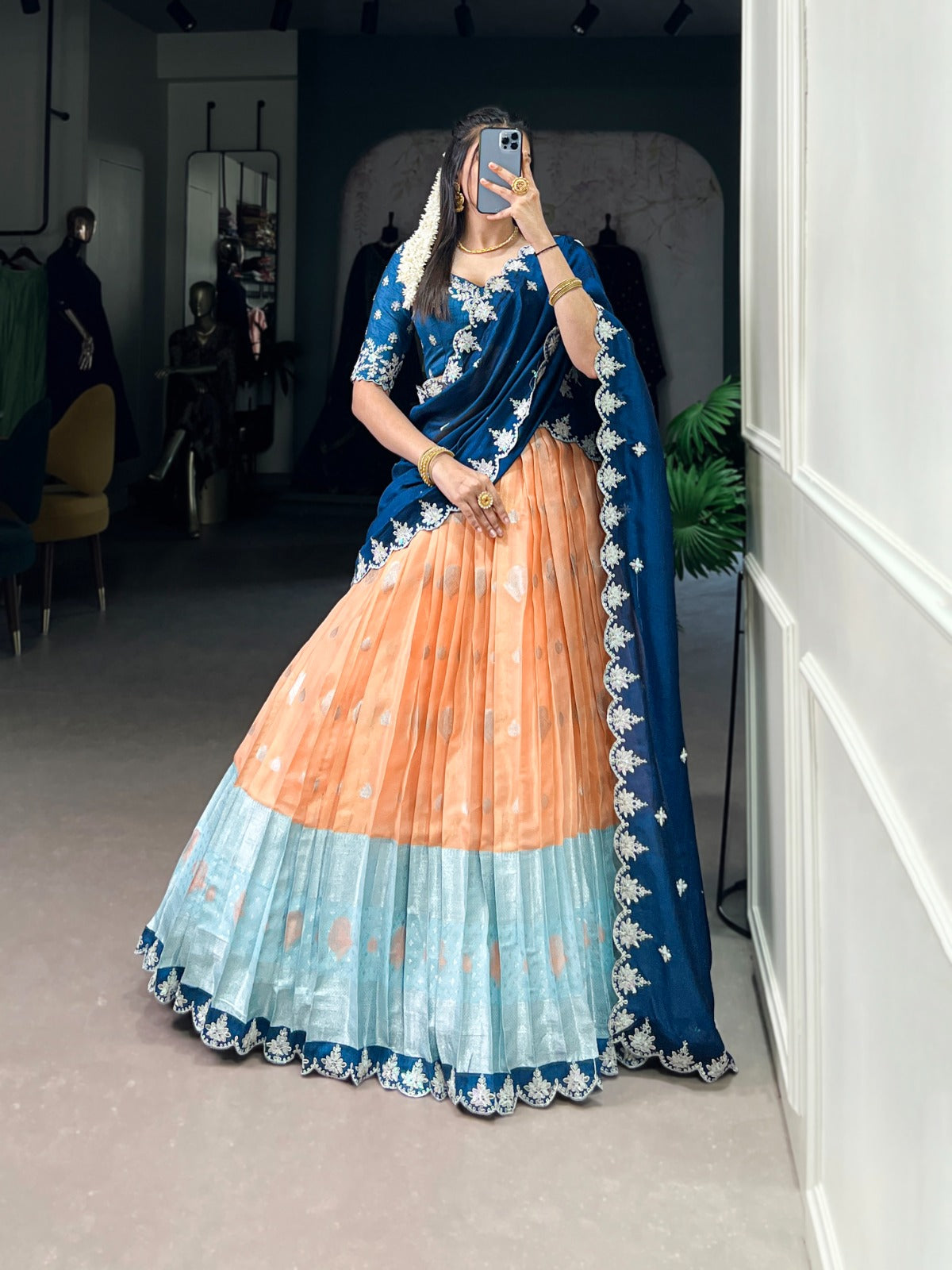 Orange Zari Weaving With Sequins and Thread Embroidery Scallop Lehenga choli