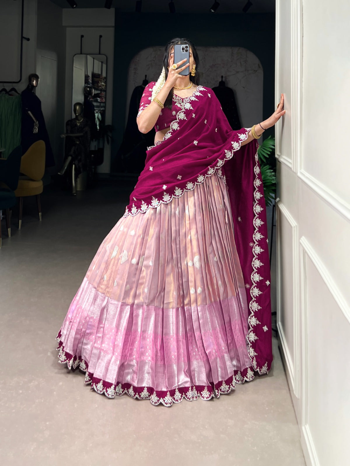 Pink Zari Weaving With Sequins and Thread Embroidery Scallop Lehenga choli