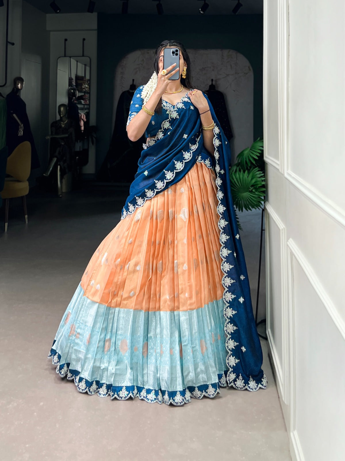 Orange Zari Weaving With Sequins and Thread Embroidery Scallop Lehenga choli