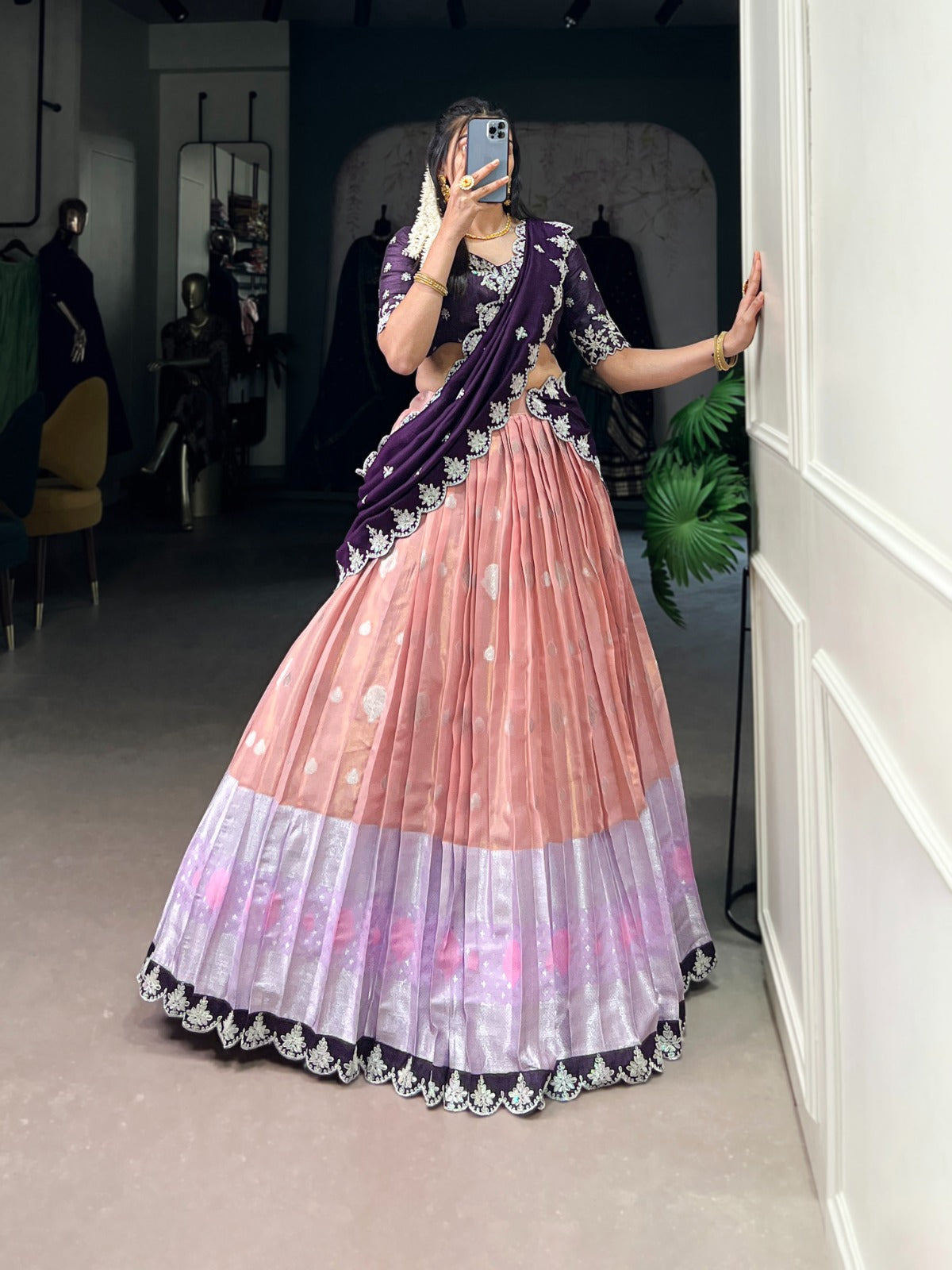 Peach Zari Weaving With Sequins and Thread Embroidery Scallop Lehenga choli