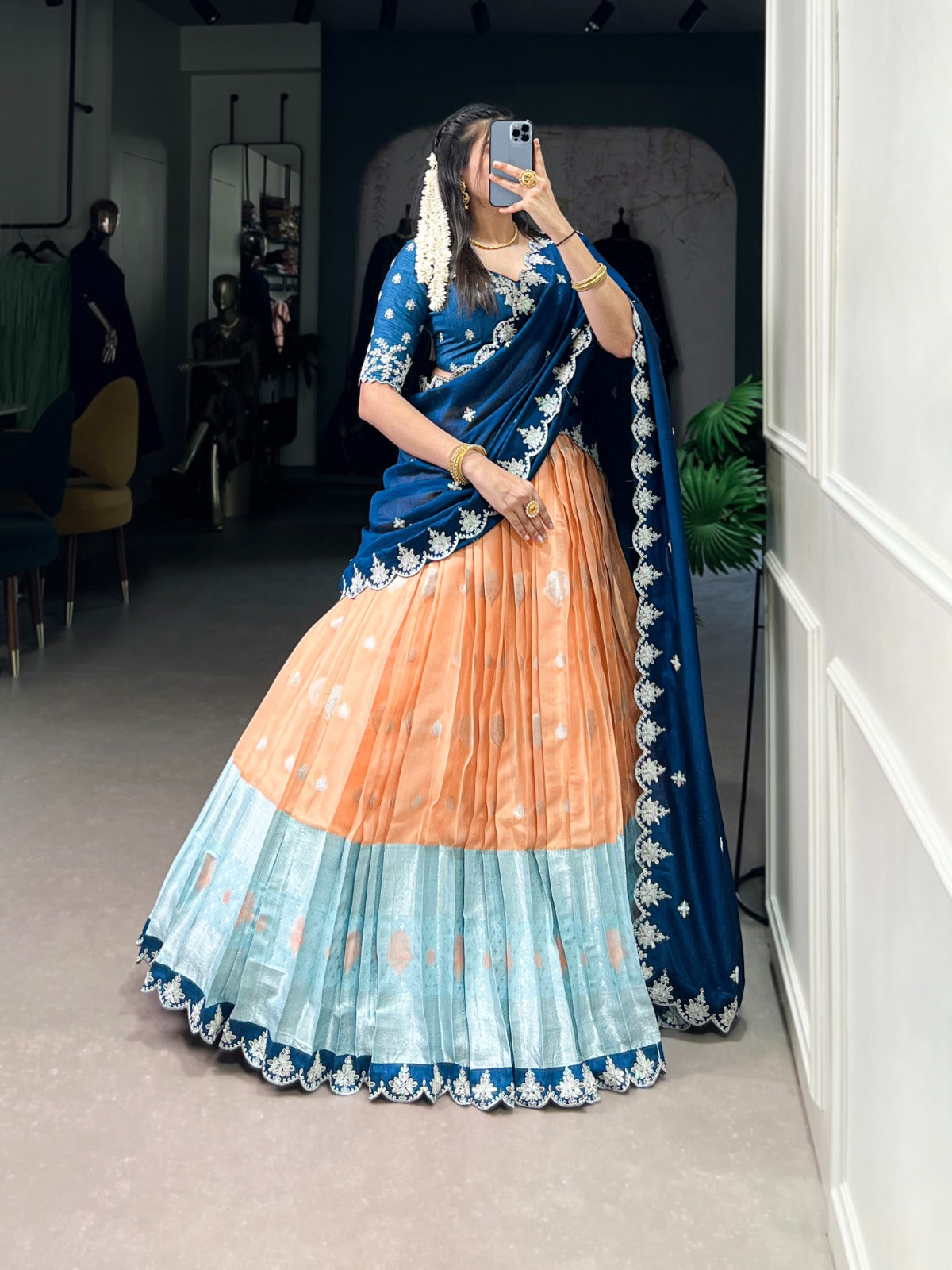 Orange Zari Weaving With Sequins and Thread Embroidery Scallop Lehenga choli