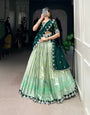 Pista Green Zari Weaving With Sequins and Thread Embroidery Scallop Lehenga choli