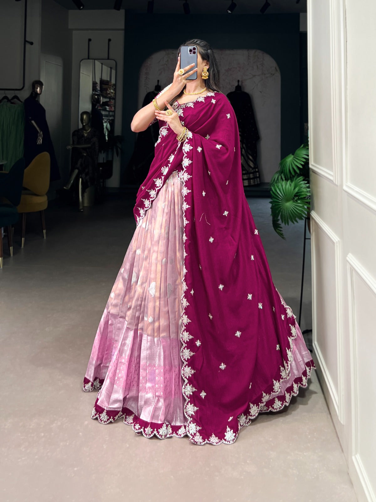 Pink Zari Weaving With Sequins and Thread Embroidery Scallop Lehenga choli