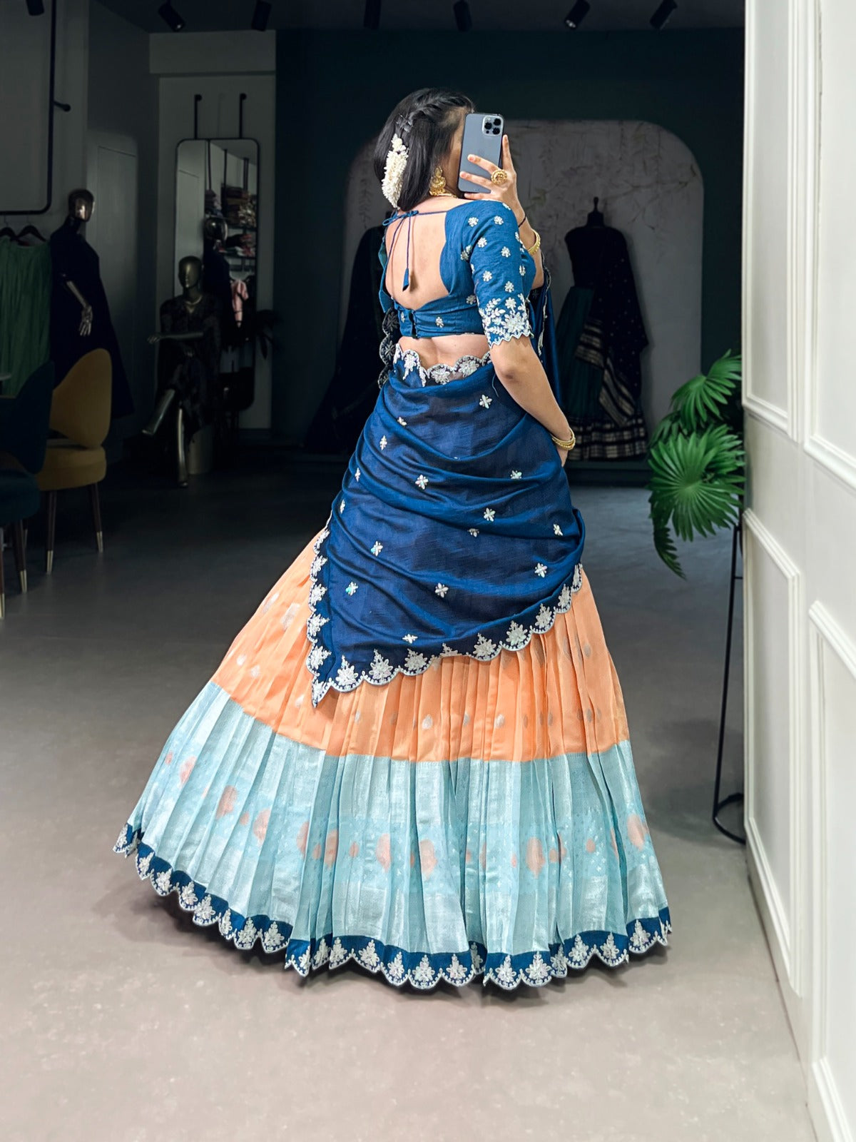 Orange Zari Weaving With Sequins and Thread Embroidery Scallop Lehenga choli