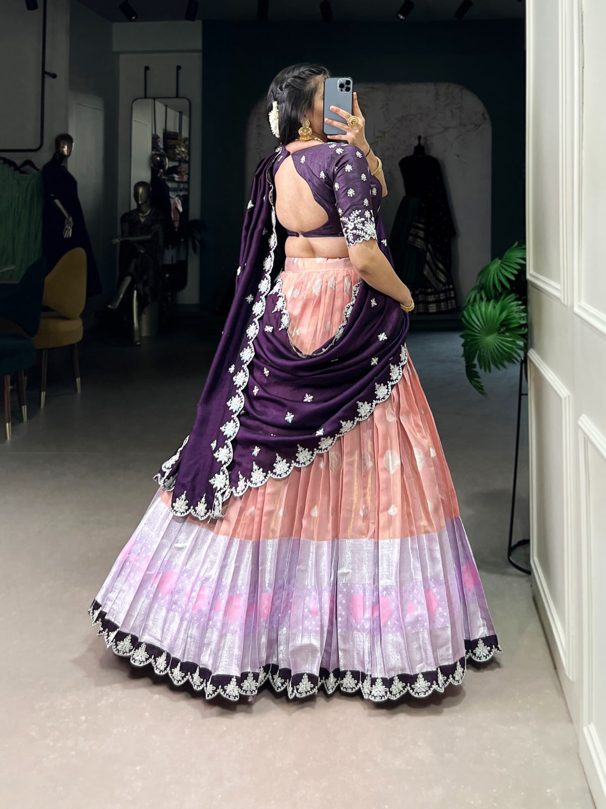Peach Zari Weaving With Sequins and Thread Embroidery Scallop Lehenga choli