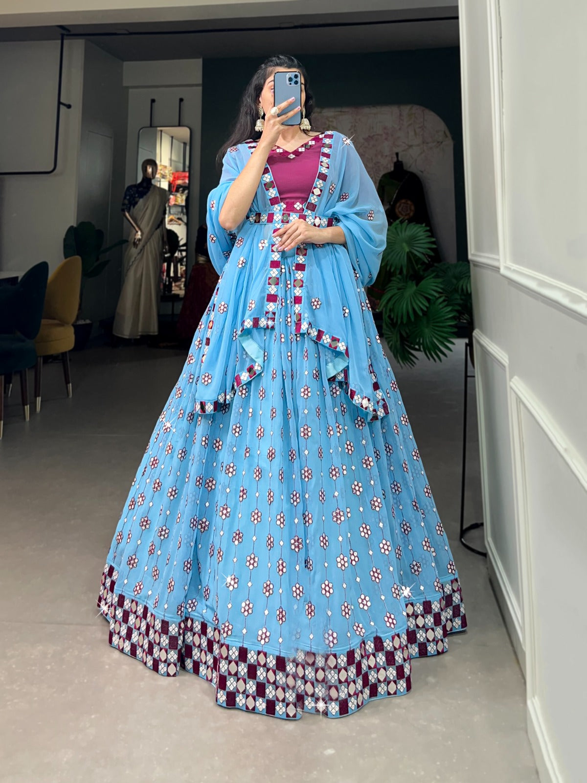 Georgette Sequins embroidery With Mirror Work Lehenga Choli