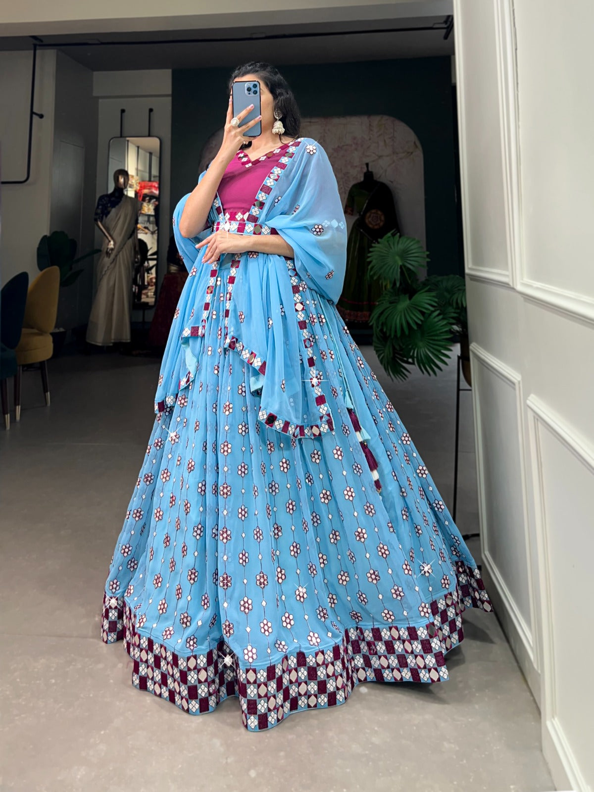 Georgette Sequins embroidery With Mirror Work Lehenga Choli