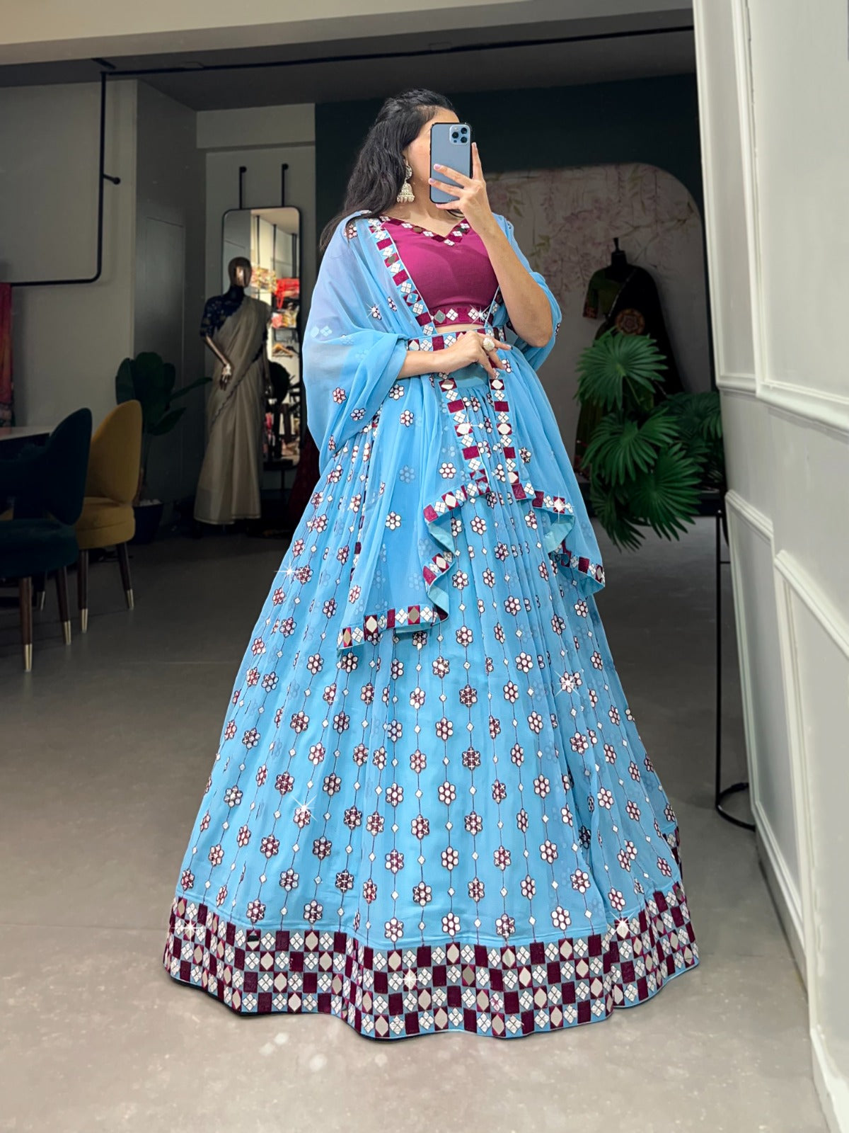 Georgette Sequins embroidery With Mirror Work Lehenga Choli