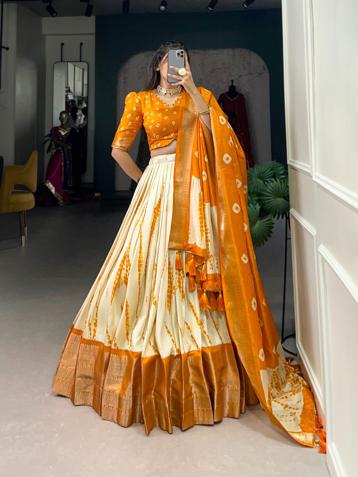 Yellow Zari Weaving Border Shibori Print Dola Silk Lehenga Choli