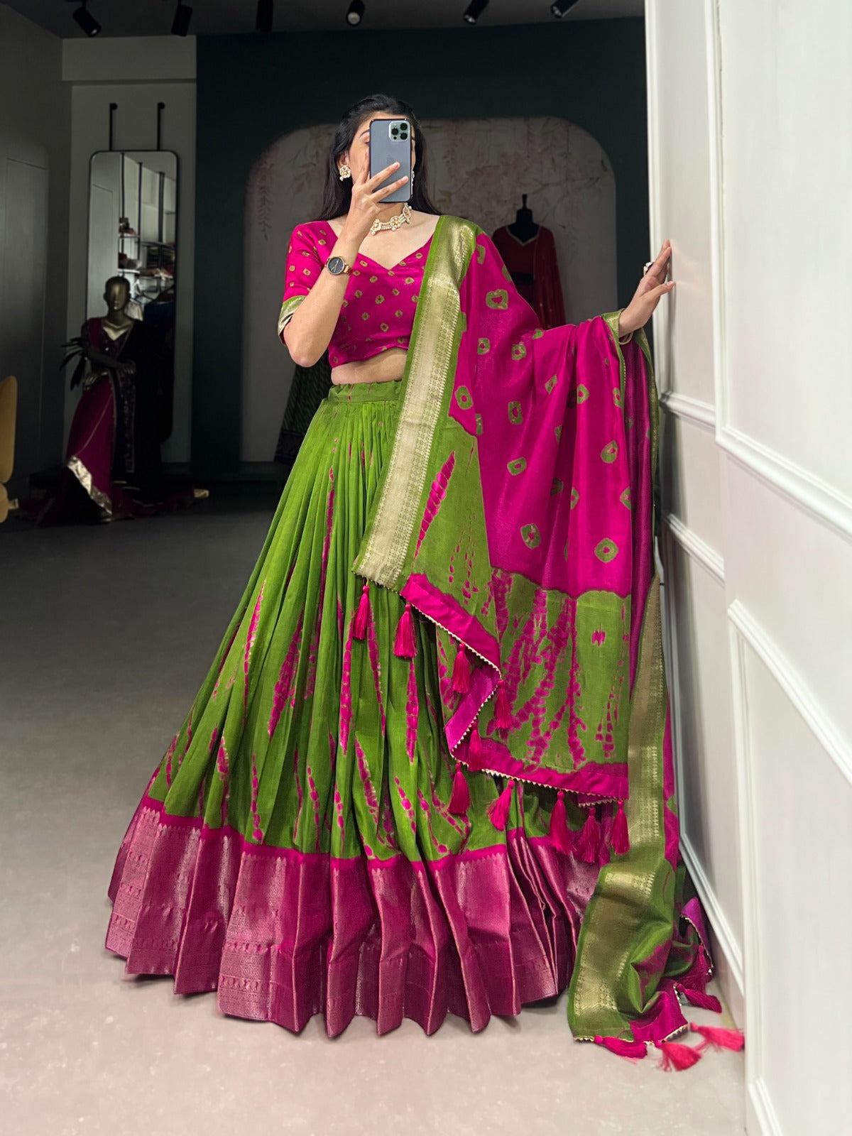 Green Zari Weaving Border Shibori Print Dola Silk Lehenga Choli