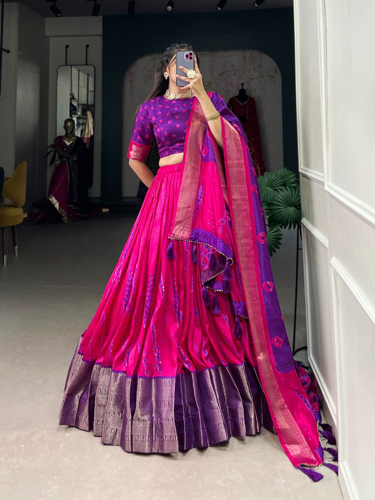 Pink Zari Weaving Border Shibori Print Dola Silk Lehenga Choli