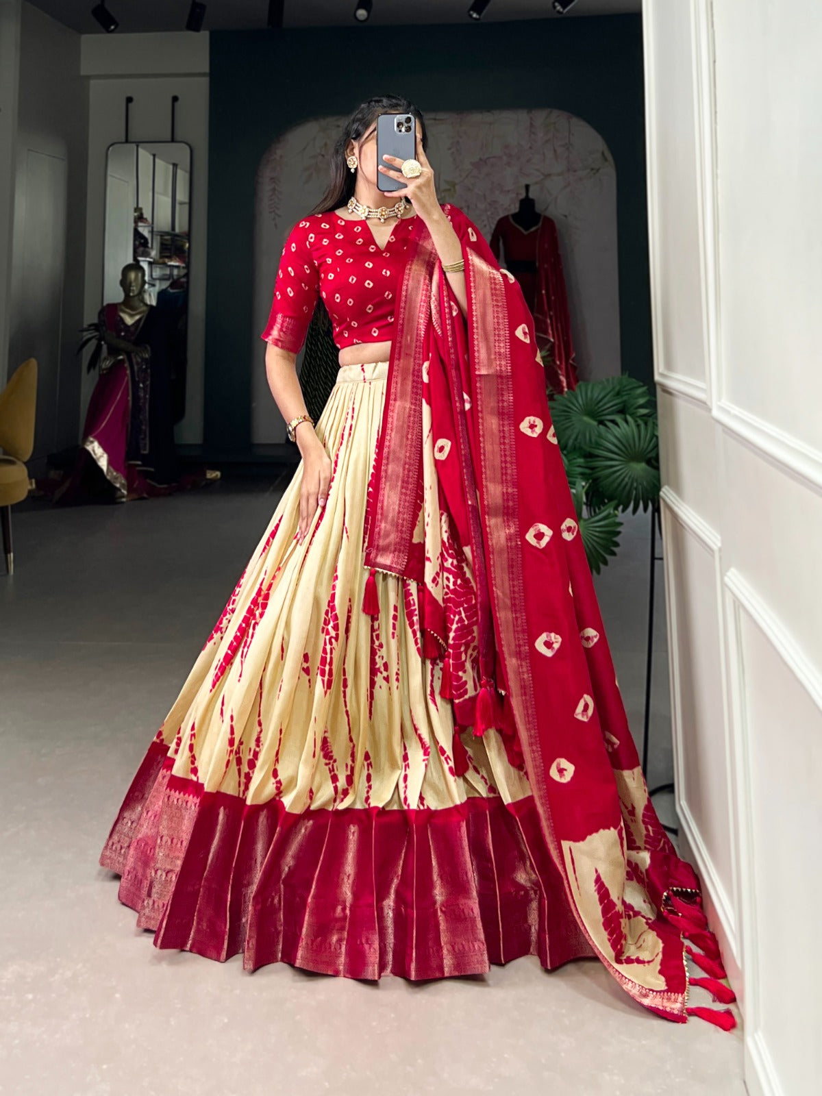 Red Zari Weaving Border Shibori Print Dola Silk Lehenga Choli