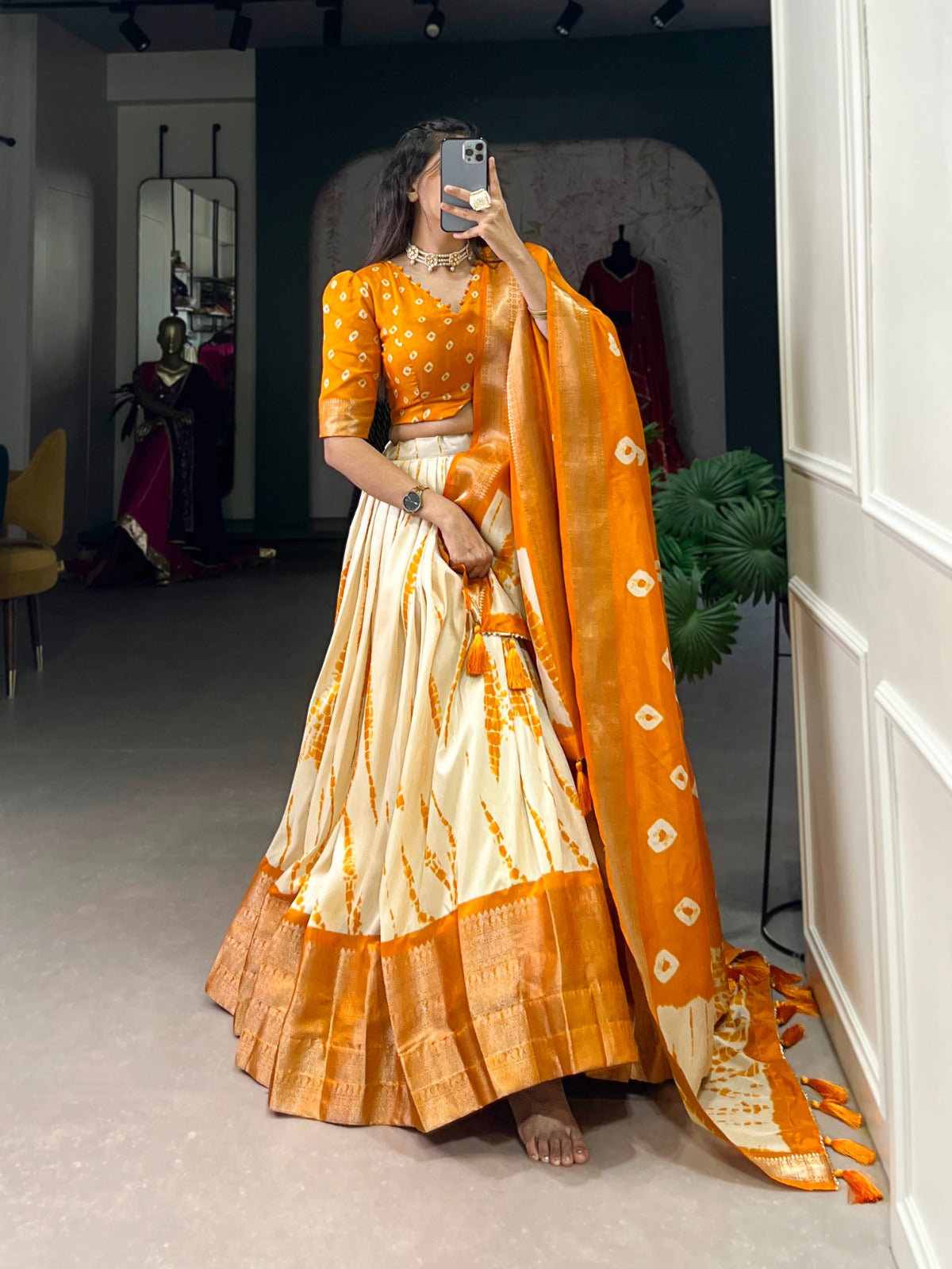 Yellow Zari Weaving Border Shibori Print Dola Silk Lehenga Choli