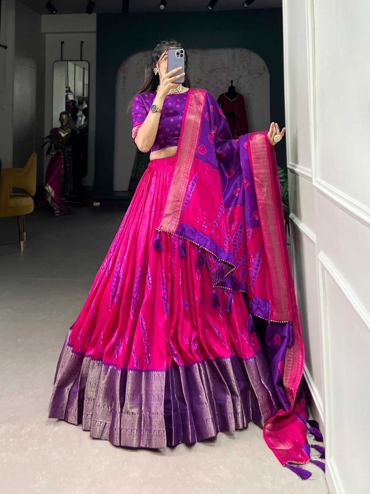 Pink Zari Weaving Border Shibori Print Dola Silk Lehenga Choli