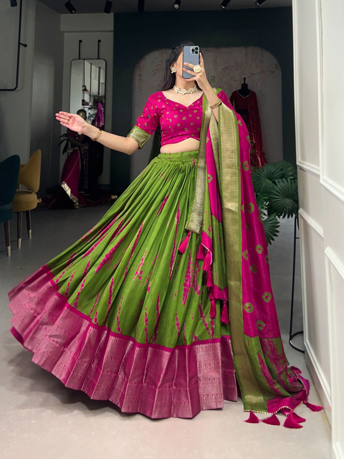 Green Zari Weaving Border Shibori Print Dola Silk Lehenga Choli