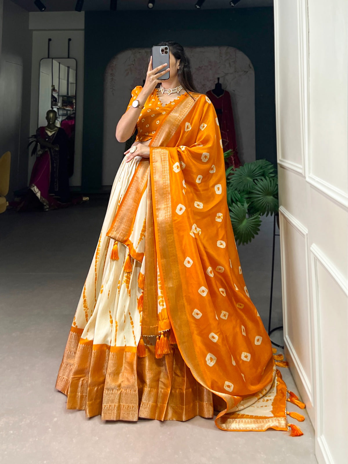 Yellow Zari Weaving Border Shibori Print Dola Silk Lehenga Choli
