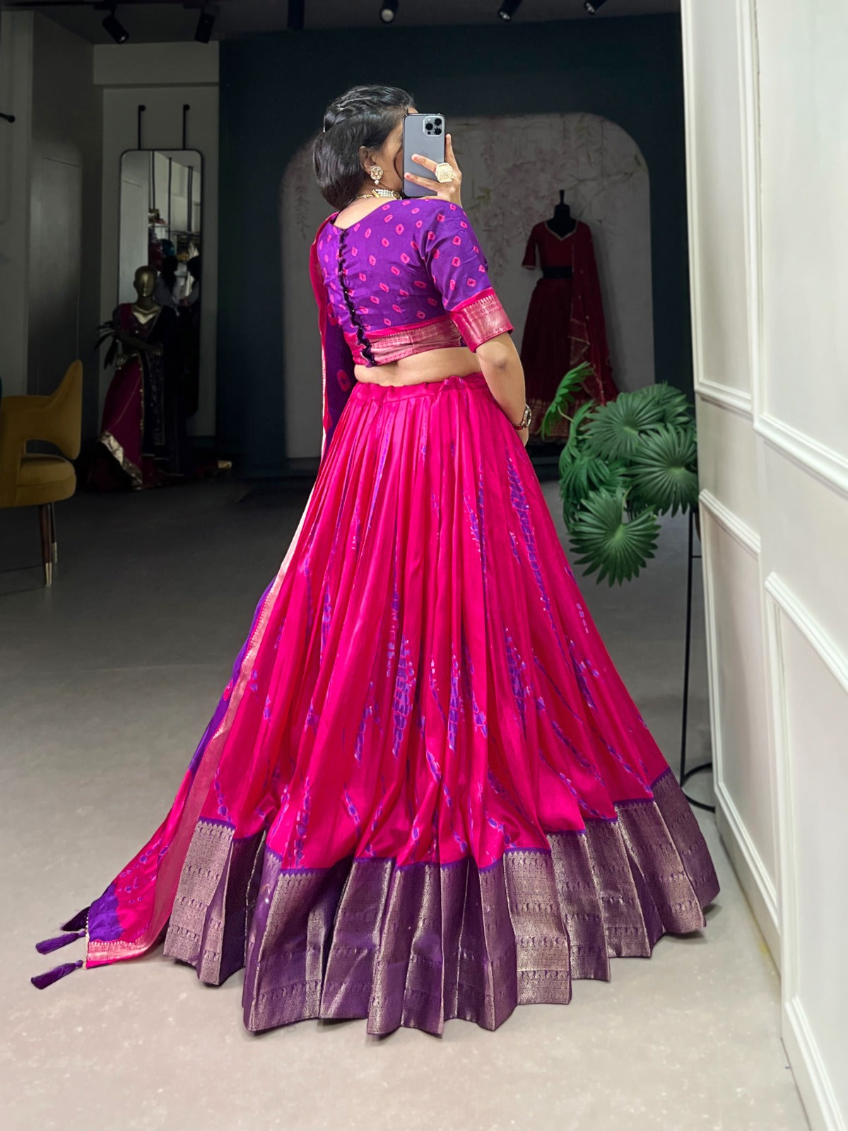 Pink Zari Weaving Border Shibori Print Dola Silk Lehenga Choli
