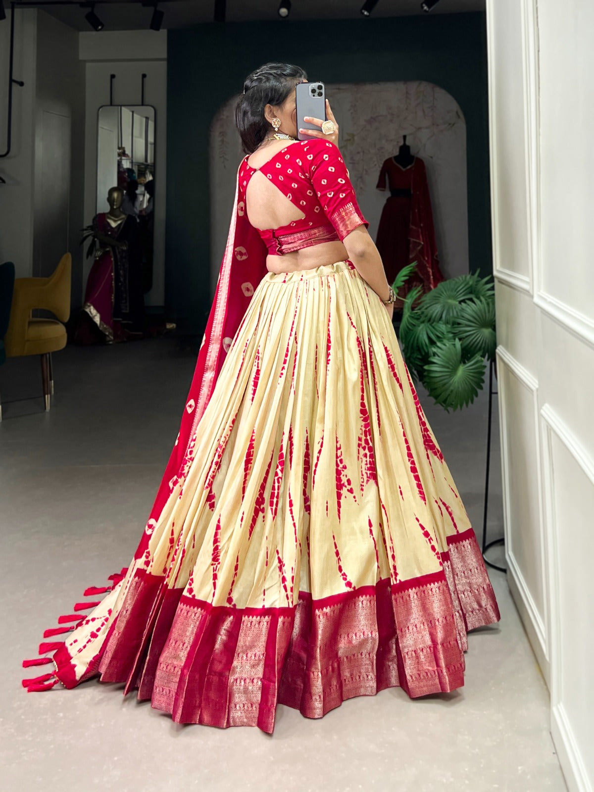 Red Zari Weaving Border Shibori Print Dola Silk Lehenga Choli