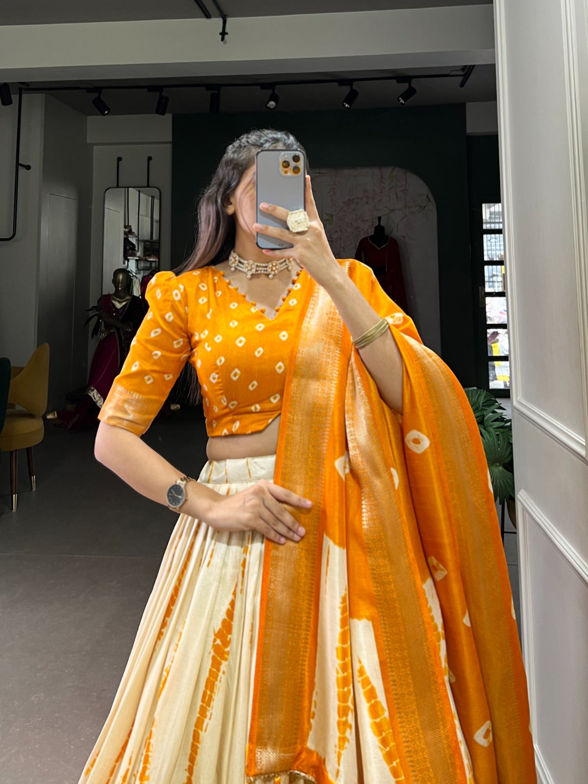 Yellow Zari Weaving Border Shibori Print Dola Silk Lehenga Choli