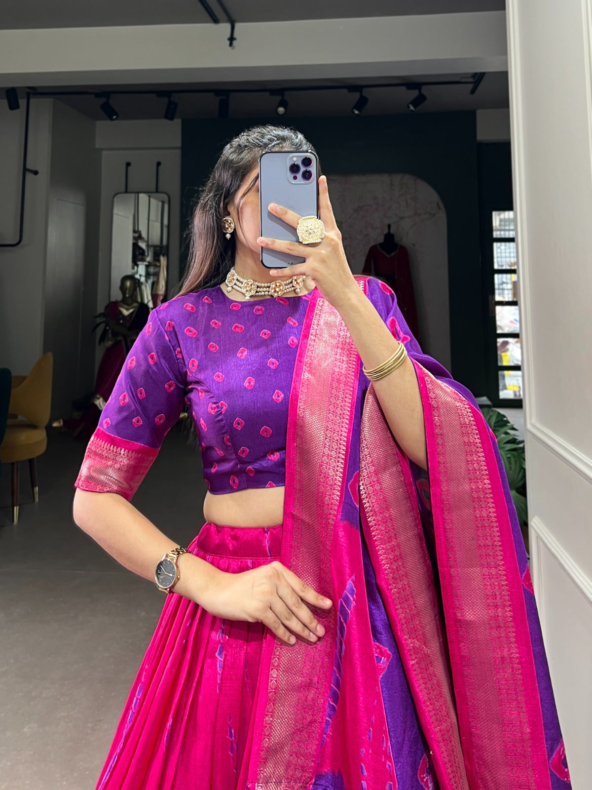 Pink Zari Weaving Border Shibori Print Dola Silk Lehenga Choli