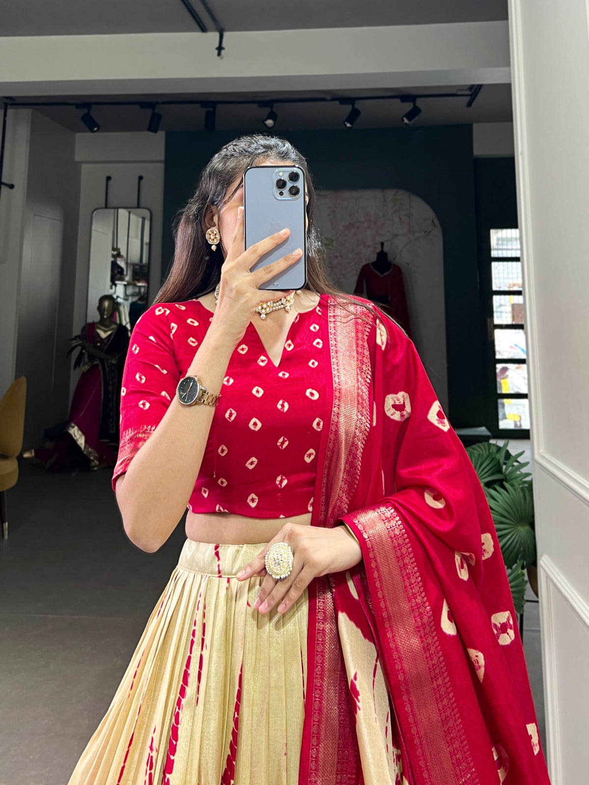 Red Zari Weaving Border Shibori Print Dola Silk Lehenga Choli