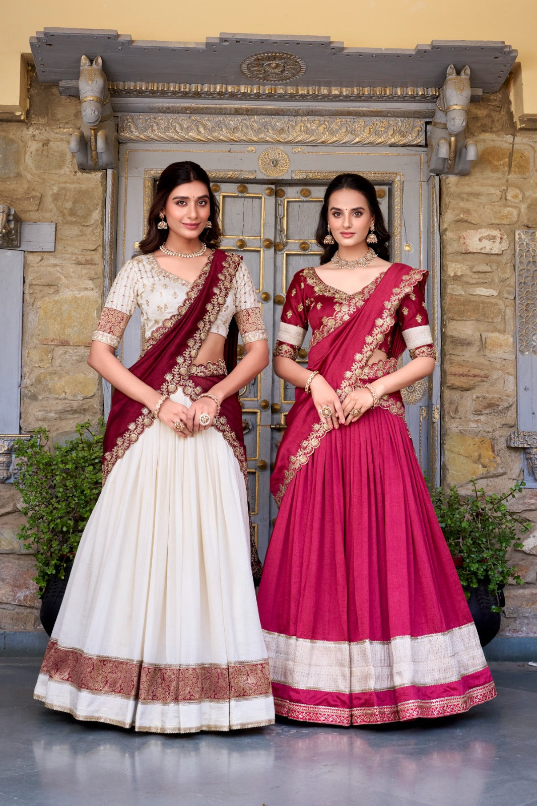 Off White Zari Weaving Vichitra Silk Lace Border Belt With Sequins Lace Lehenga choli