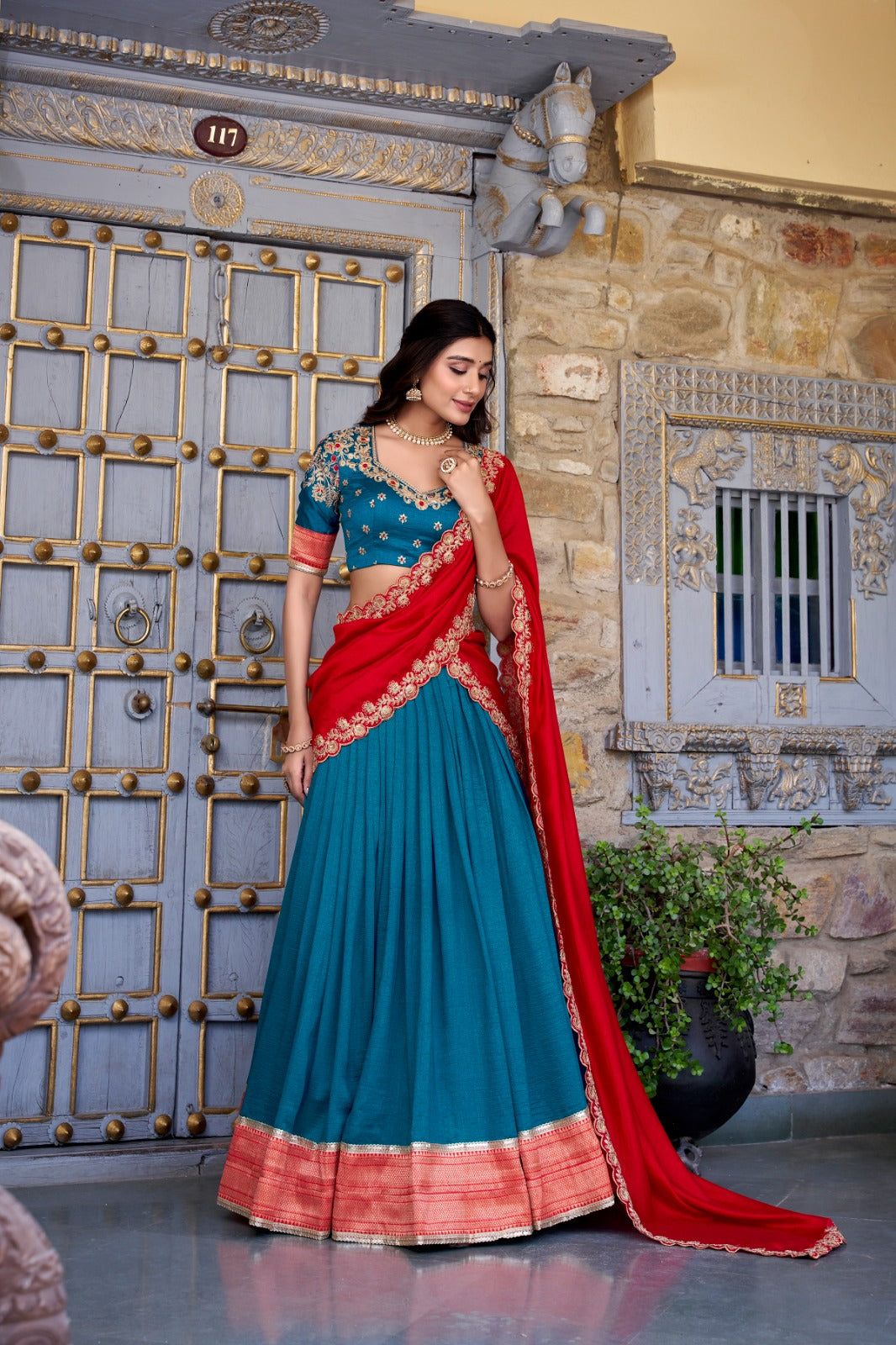Teal Blue Zari Weaving Vichitra Silk Lace Border Belt With Sequins Lace Lehenga choli