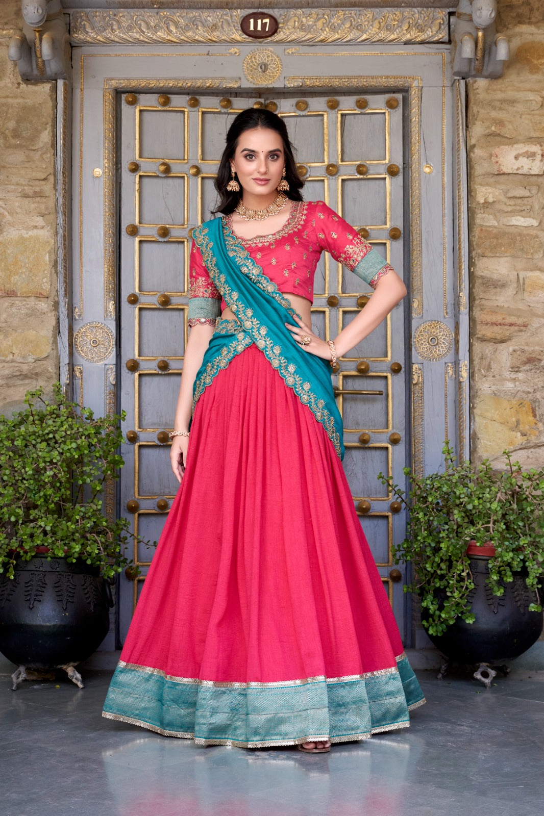 Pink Zari Weaving Vichitra Silk Lace Border Belt With Sequins Lace Lehenga choli