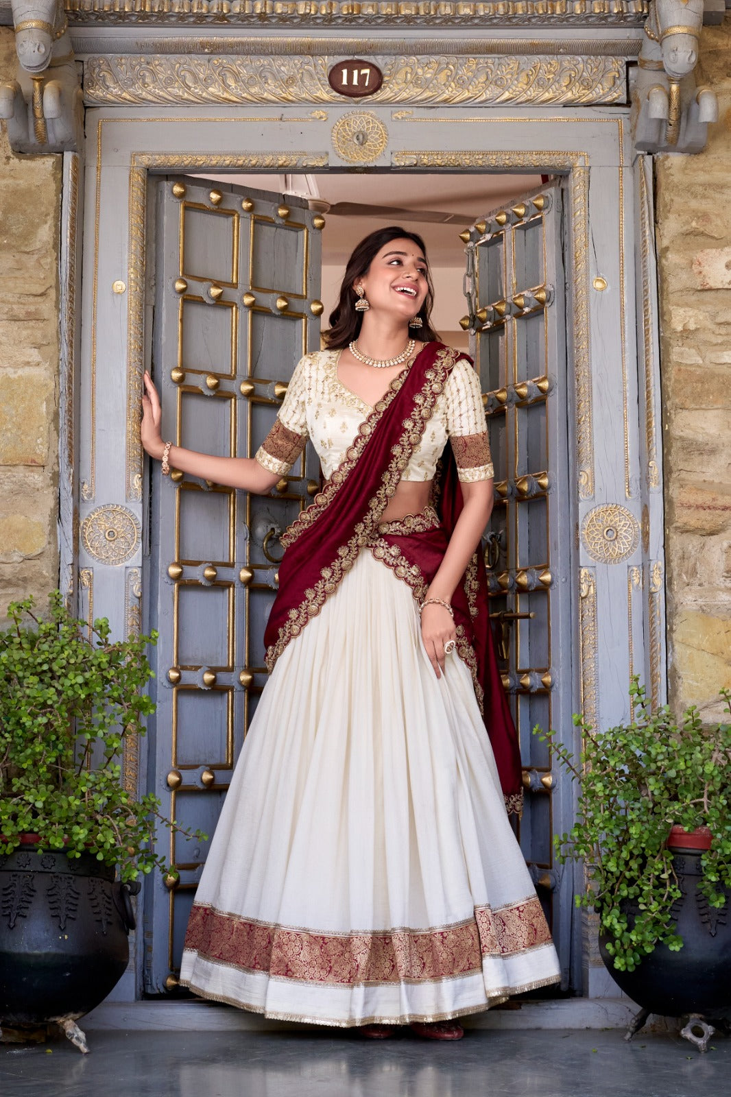Off White Zari Weaving Vichitra Silk Lace Border Belt With Sequins Lace Lehenga choli