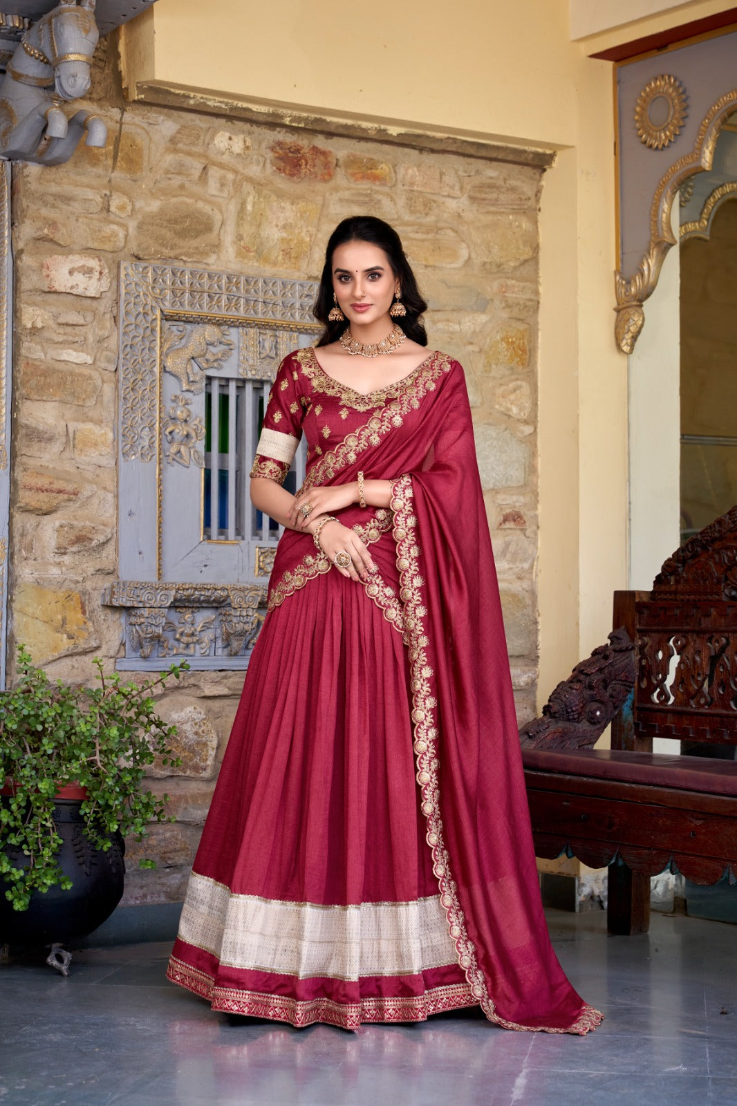 Maroon Zari Weaving Vichitra Silk Lace Border Belt With Sequins Lace Lehenga choli