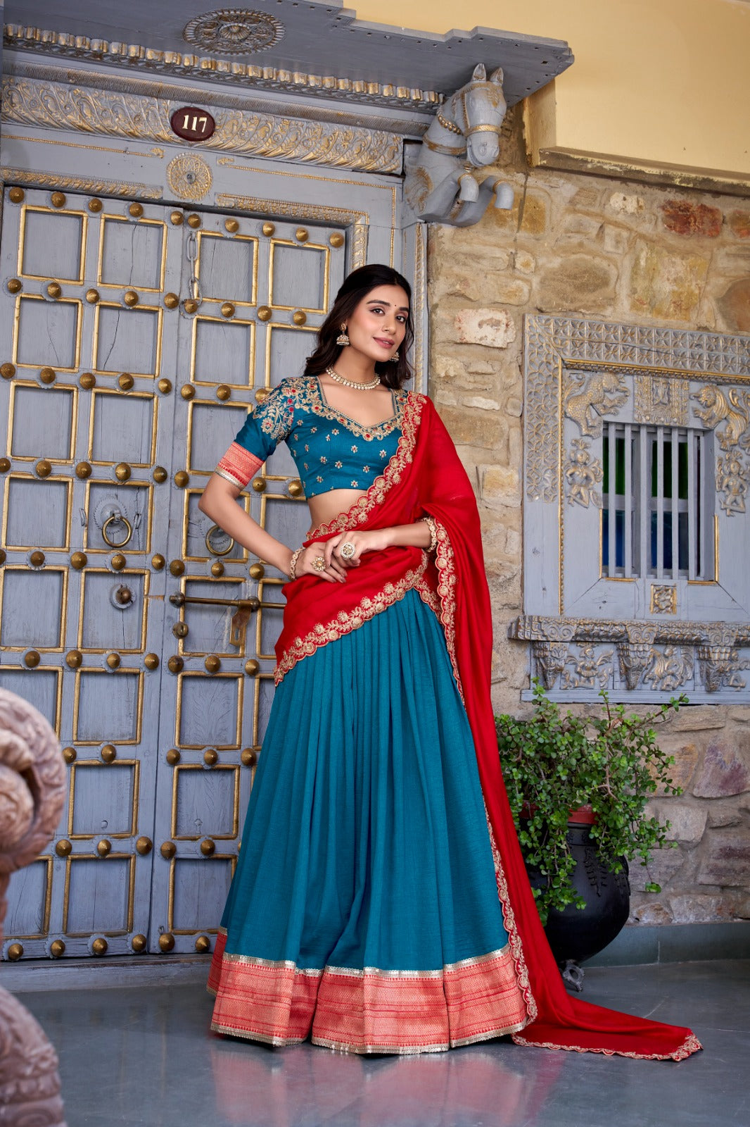 Teal Blue Zari Weaving Vichitra Silk Lace Border Belt With Sequins Lace Lehenga choli