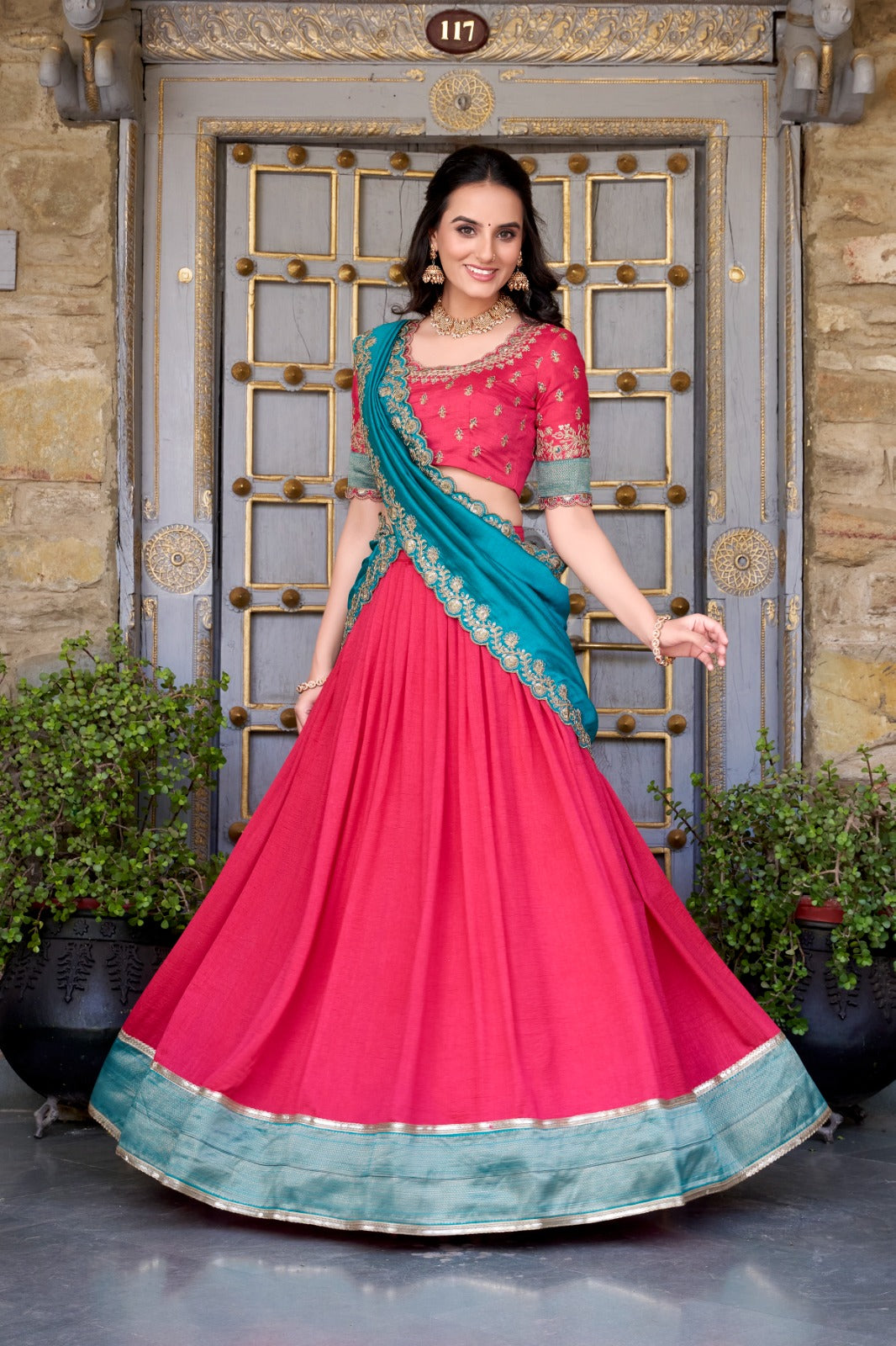 Pink Zari Weaving Vichitra Silk Lace Border Belt With Sequins Lace Lehenga choli