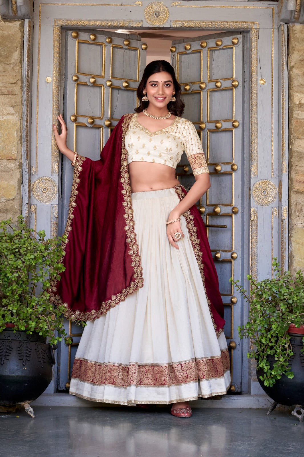 Off White Zari Weaving Vichitra Silk Lace Border Belt With Sequins Lace Lehenga choli