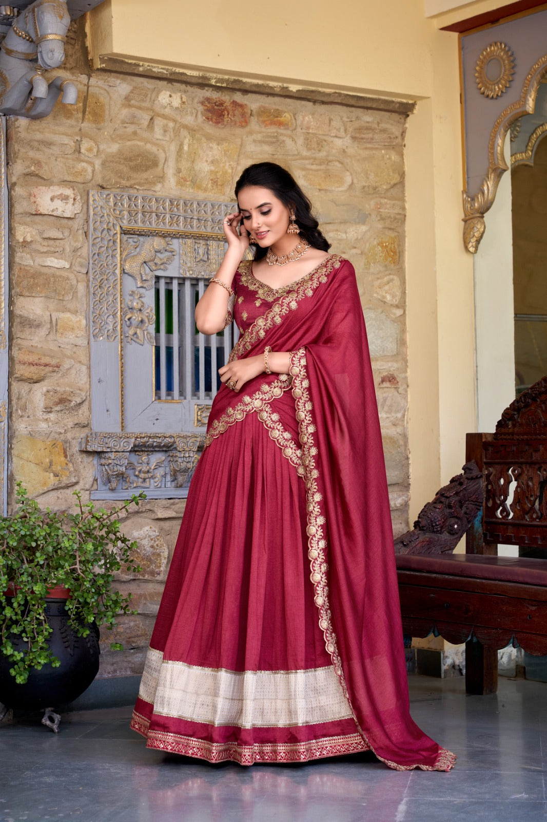 Maroon Zari Weaving Vichitra Silk Lace Border Belt With Sequins Lace Lehenga choli